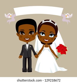 Illustration Of Lovely Black Couple Wedding With White Banner