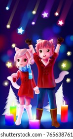 an illustration of a lovely couple, a boy and a girl are standing under the starry sky at Christmas eve surrounded by white pine tree, candle and the shooting star on the background.