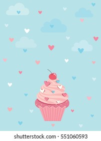 Illustration of lovely cupcake with raining heart drop from the sky.
