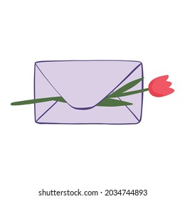 Illustration of a lovely envelope with a flower. Cute vector doodle illustration, greeting card. Tulip in a closed lilac envelope 
