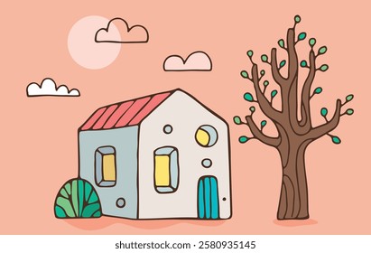 Illustration of a lovely family home in the countryside, white stone dwelling with red tile roof, garden with large tree, drawing for rental real estate sale