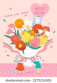 Illustration of lovely Happy Mother's day poster. Cute miniature children carrying wrapped bouquet while a baby holding up love shape card on the flowers.