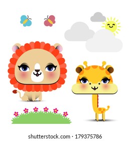illustration of lovely lion and giraffe