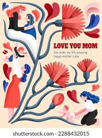 Illustration of lovely mother accompany daughter through the process of growing up surrounded with flower decoration. Suitable for Happy Mother's Day