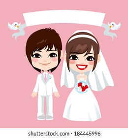 Illustration of lovely sweet asian couple wedding with empty banner held by flying birds