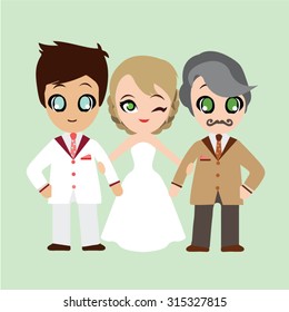 Illustration of lovely sweet couple and her father.