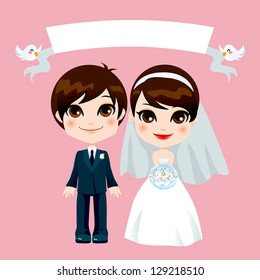 Illustration of lovely sweet couple wedding with empty banner held by flying birds