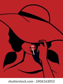 Illustration of lovely sweet cute woman wearing floppy hat with double side ponytail  biting into red lollipop, isolated on red background