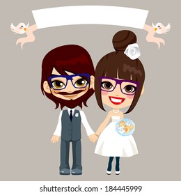 Illustration of lovely sweet hipster young couple wedding with empty banner held by flying birds