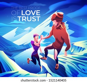 An illustration of  a lover couple that the man is holding his lover's hand and pulling her up to the peak.