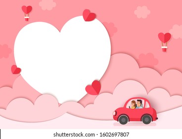 Illustration of lover on car with pink background and heart frame