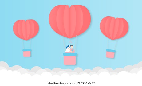 illustration of lover and valentine day,Origami made hot air balloon flying over the cloud float on the sky.paper art and digital craft style