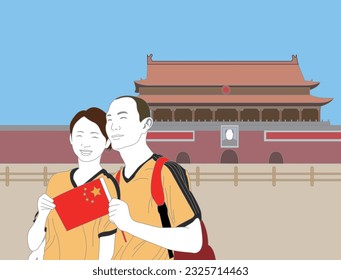 Illustration of lovers and families traveling to famous tourist attractions in Hawaii and the world