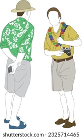 Illustration of lovers and families traveling to famous tourist attractions in Hawaii and the world