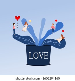 Illustration of lovers giving love to each other. It consists of plants in pots and couples for men and women. In the blue background, a man gives a heart shaped balloon and flowers symbolizing love.