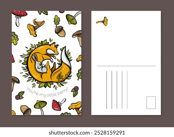 Illustration of love-themed greeting cards with adorable fox and sleepy bunny surrounded berries, mushrooms and acorns