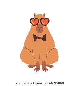 Illustration of Loving Capybara With Glasses in the form of hearts on a white background. Great for creating design cards for valentine's day, greeting posts in social media. vector