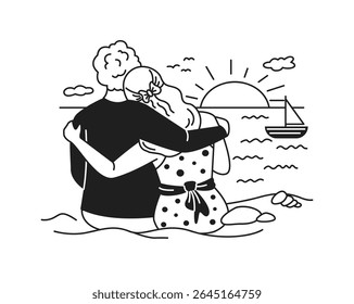 Illustration of a loving couple embracing. They sit on a beach with a sunset and sailboat in view. Black and white line art creates a serene and peaceful scene.
