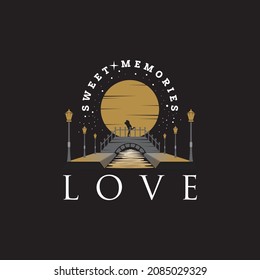 illustration of a loving couple hugging on a bridge and under the romantic moonlight