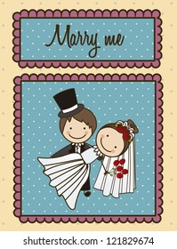 Illustration of loving couple proposing marriage, love icons, vector illustration