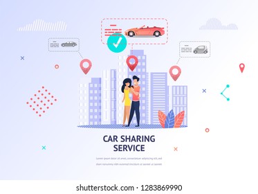 Illustration Loving Couple Tearing Out Car Weekend. Banner Vector Man and Woman Hugging. Guy Uses Car Sharing Service Mobile App to Select Car for Rent Romantic Trip. Transport to Customer Location