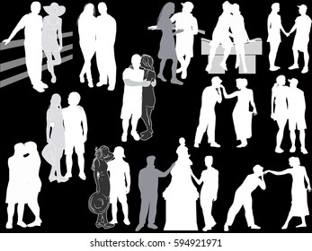 illustration with loving couples isolated on black background