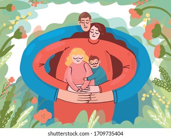 illustration of a loving happy family. Embraces. The child is protected by his parents. Sticker for children's day