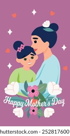 Illustration of a loving mother and daughter sharing an embrace with a pastel floral background, highlighted by hearts and vibrant flowers, expressing affection and care.