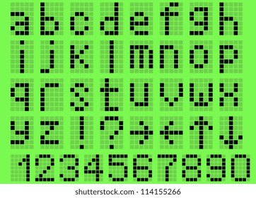 Illustration lowercase alphabet digital LCD indicator on a green background