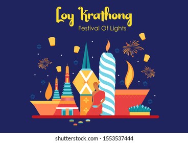 illustration of Loy Krathong Siamese festival of Lights traditional celebration of Thailand