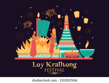 illustration of Loy Krathong Siamese festival of Lights traditional celebration of Thailand