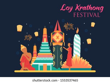 illustration of Loy Krathong Siamese festival of Lights traditional celebration of Thailand