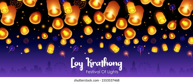 illustration of Loy Krathong Siamese festival of Lights traditional celebration of Thailand