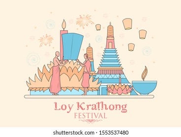 illustration of Loy Krathong Siamese festival of Lights traditional celebration of Thailand