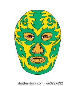 Illustration of a Luchador Mask with fiery flames and fire viewed from front done in Drawing hand-sketched style on isolated background