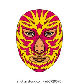 Illustration of a Luchador Mask with Star and Lightning Bolt viewed from front done in Drawing hand-sketched style on isolated background