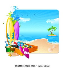 illustration of luggage with surfing board and hat on sea beach