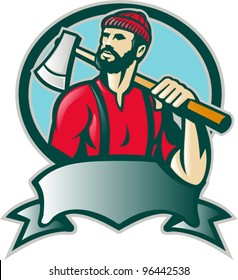 Illustration of a lumber jack forester logger carrying an ax looking up with scroll done in retro style.