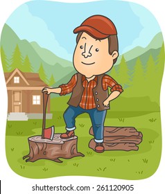 Illustration of a Lumber Jack Holding an Ax Standing on a Tree Stump 