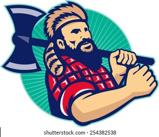 Illustration of lumberjack arborist forester loggerr holding an axe set inside circle.