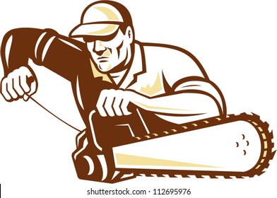 Illustration of lumberjack arborist tree surgeon holding a chainsaw starting motor on isolated white background.