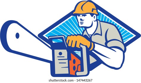 Illustration of lumberjack arborist tree surgeon holding a chainsaw set inside diamond shape on isolated white background.