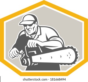 Illustration of lumberjack arborist tree surgeon holding a chainsaw set inside crest shield shape facing front on isolated white background done in retro style.