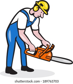 Illustration of lumberjack arborist tree surgeon holding operating a chainsaw set on isolated white background done in cartoon style.