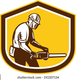 Illustration of lumberjack arborist tree surgeon operating a chainsaw set inside shield crest shape on isolated white background done in retro style.