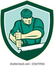 Illustration of lumberjack arborist tree surgeon sawing using crosscut saw set inside shield crest shape on isolated white background done in retro style.