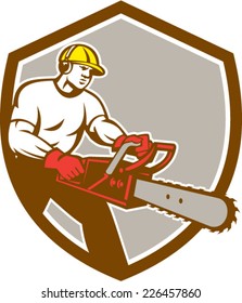 Illustration of lumberjack arborist tree surgeon holding a chainsaw set inside shield crest on isolated background done in retro style. 