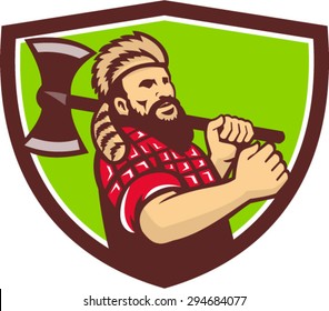 Illustration of lumberjack arborist tree surgeon carrying axe on shoulder set inside shield crest on isolated background done in retro style.