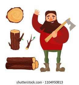 
Illustration of a lumberjack with an ax. Wood - a log, cut down a tree, a branch.