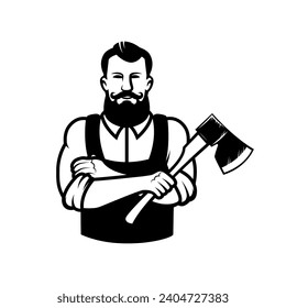 Illustration of lumberjack with axe. Design element for emblem, sign, badge. Vector illustration